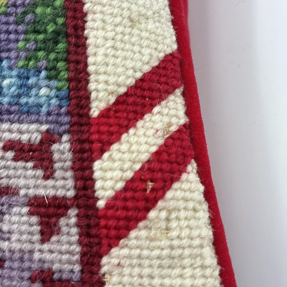 Vintage Christmas Needlepoint Pillow Golden Retriever Puppy in Boot Red Velvet
